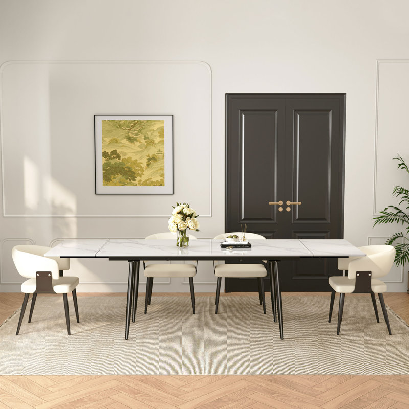 Ensemble de table et de salle à manger extensible en pierre frittée blanche, Beige, 11 pièces: table, 10 chaises