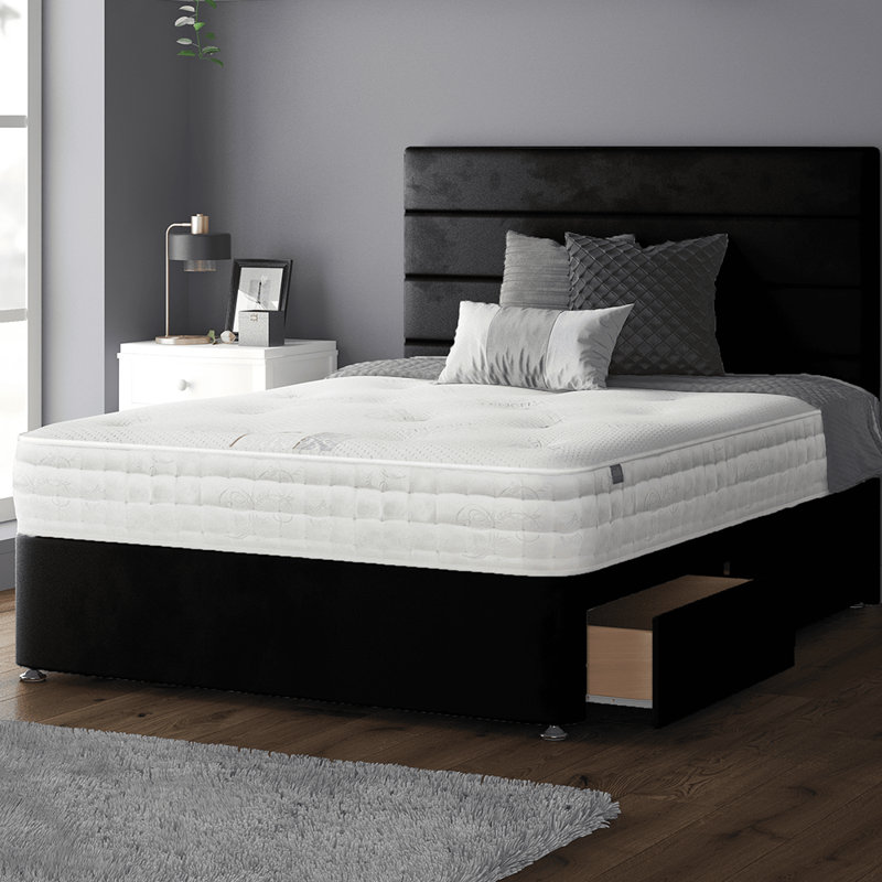 Kiara Stripped Floor Standing Headboard with Divan Base Plush Velvet and Metal Feet, Kingsize (5'), Black, 2 Foot-end Drawers