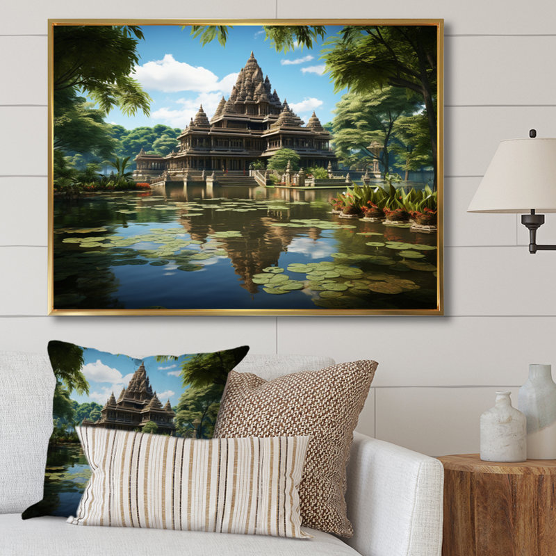 " Indian Art Temple Serenity I ", H 34 po x l 44 po x P 1,5 po, Cadre flottant doré