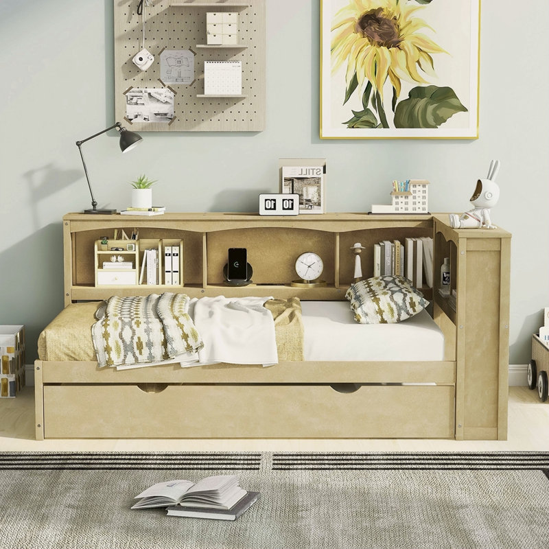 Lit de jour simple avec lit gigogne, armoires de rangement et ports USB