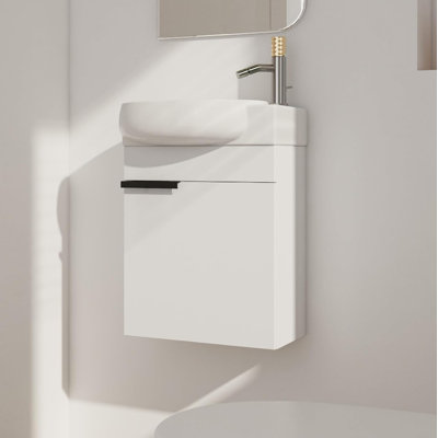 16" Wall Mounted Bathroom Vanity with Sink, Modern Floating Cabinet with Ceramic Basin&Soft Close Door, Bathroom Vanity Storage Cabinet Set for Small Bathroom