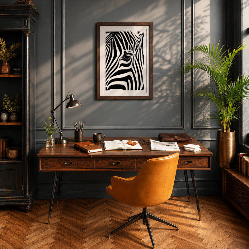 Striped Zebra Head Graphic Art - Framed Print, A3 - 42.0 x 29.7 cm, Walnut