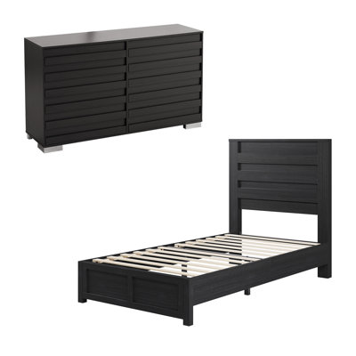  Farmhouse 2 Piece Twin Bedroom Set, Platform Bed And 6 Drawer Dresser, Black