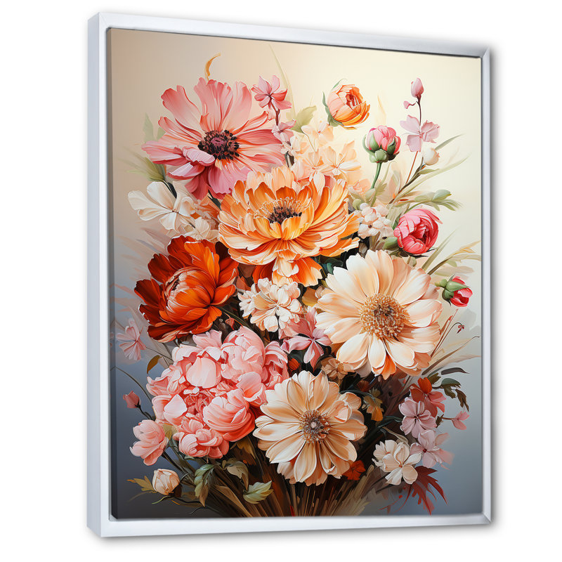 Fleurs saisonnières, coucher de soleil sur toile, Cadre flottant blanc, H 32 po x l 24 po x P 1 po