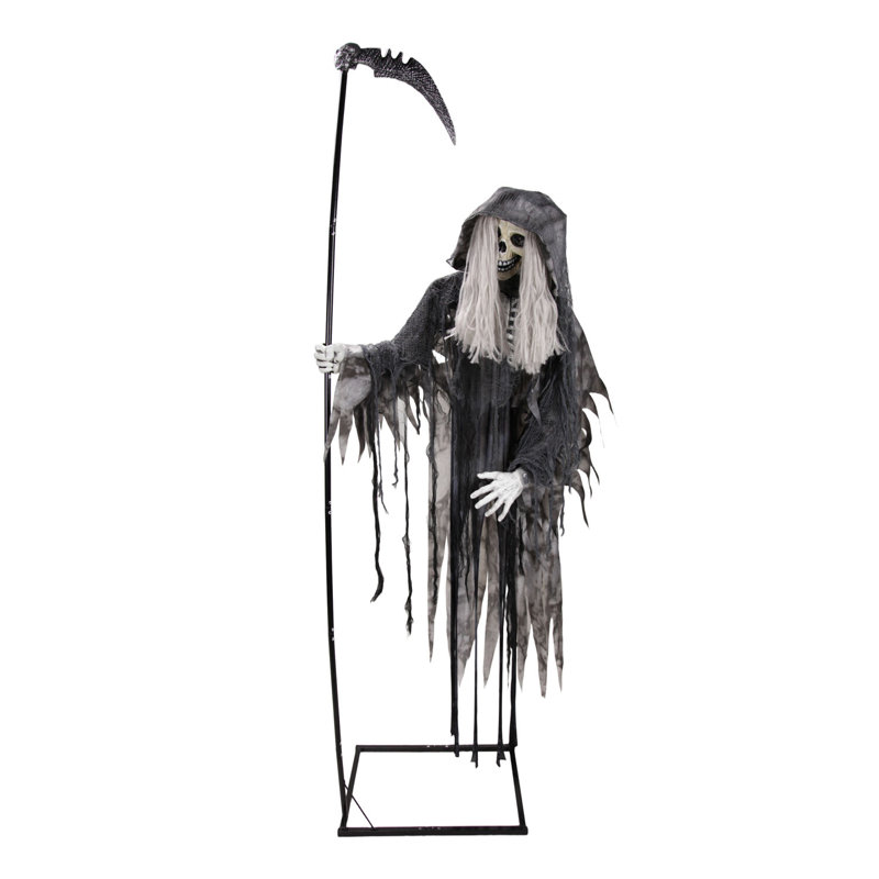 Faucheuse animée d'Halloween 7,5 pi avec tête mobile et yeux rouges à DEL Haunted Hill Farm