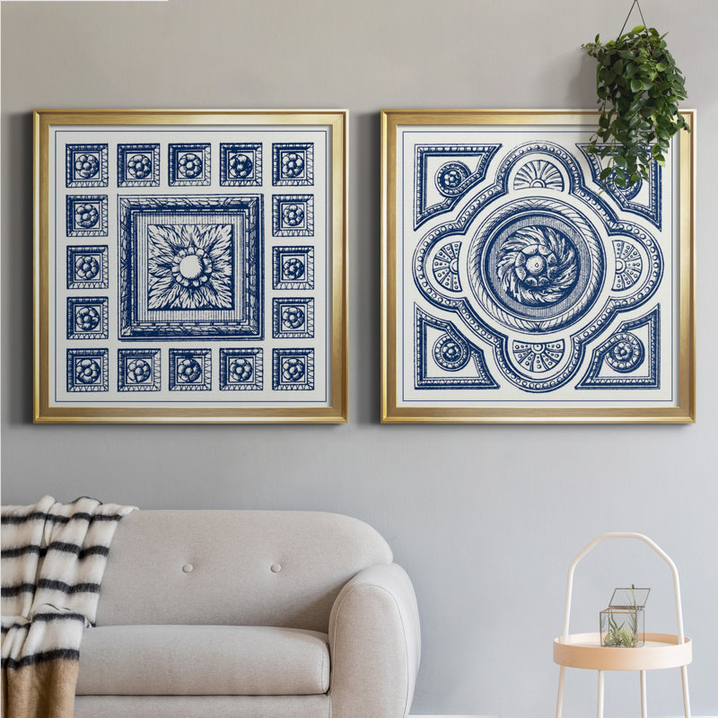 Indigo Medallion IV Indigo Medallion IV - ensemble de 2 impressions encadrées, H 34,5 po x l 69 po x P 1,5 po, Pas de tapis