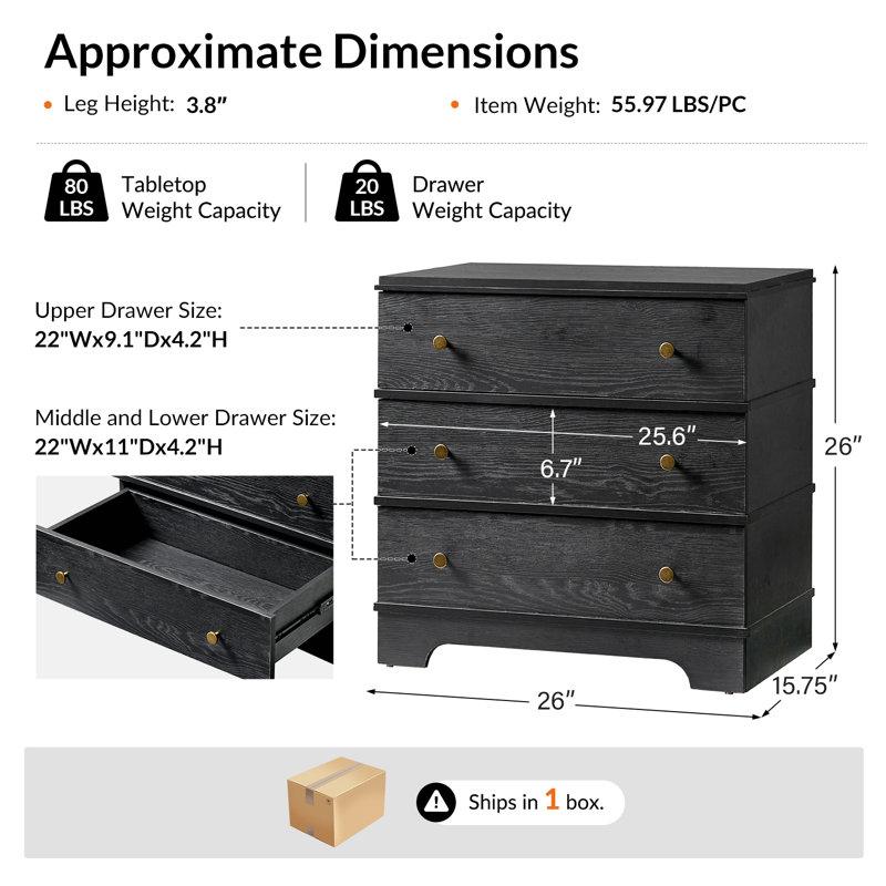 Mastin 26"W Modern 3-Drawer End Table with Built-In Charging Station, Black