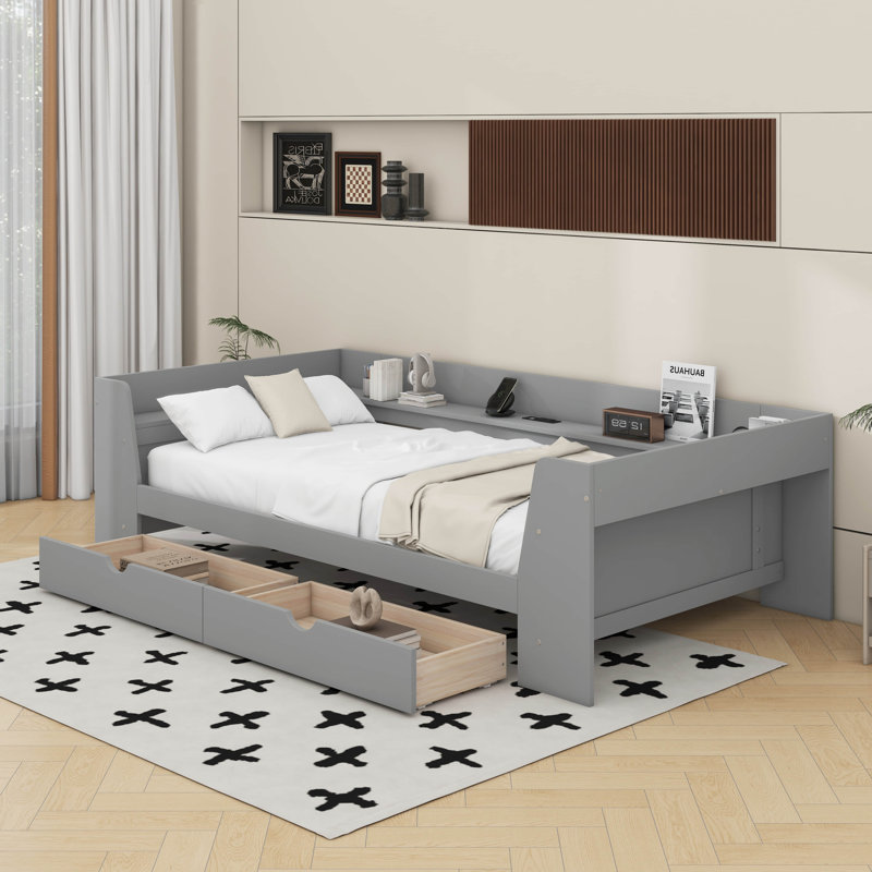 Lit de jour simple avec tiroirs, tablettes et station de charge, Gris