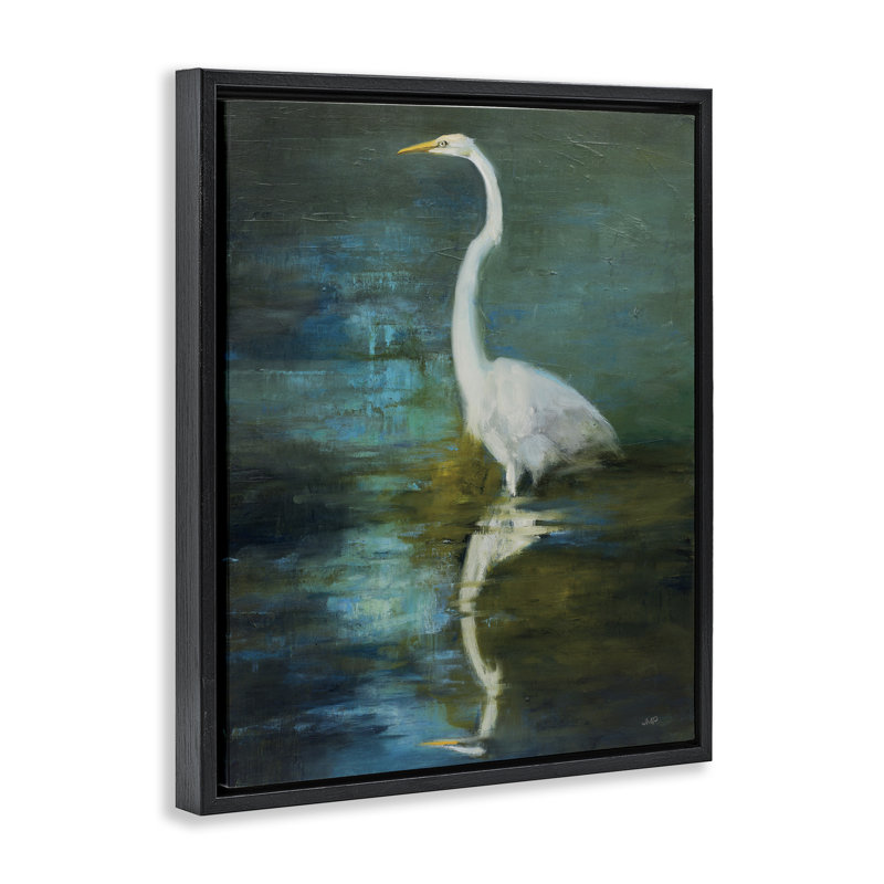 "Nautical Bird Lake Reflection", art mural encadré par Julia Purinton, Cadre flottant noir de jais, H 21 po x l 17 po