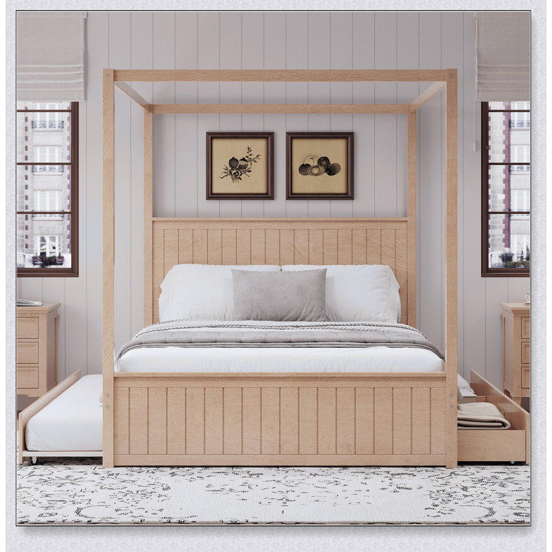 Modern Canopy Platform Bed With Trundle And Three Storage Drawers,4-Post Solid Wood Bed Frame With Headboard,No Box Spring Needed