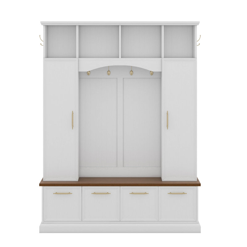 Hall Tree With Golden Hooks And Handles, Practical Entryway Walnut Bench With Adjustable Shelves, Farmhouse Wooden Style Coat And Shoe Rack