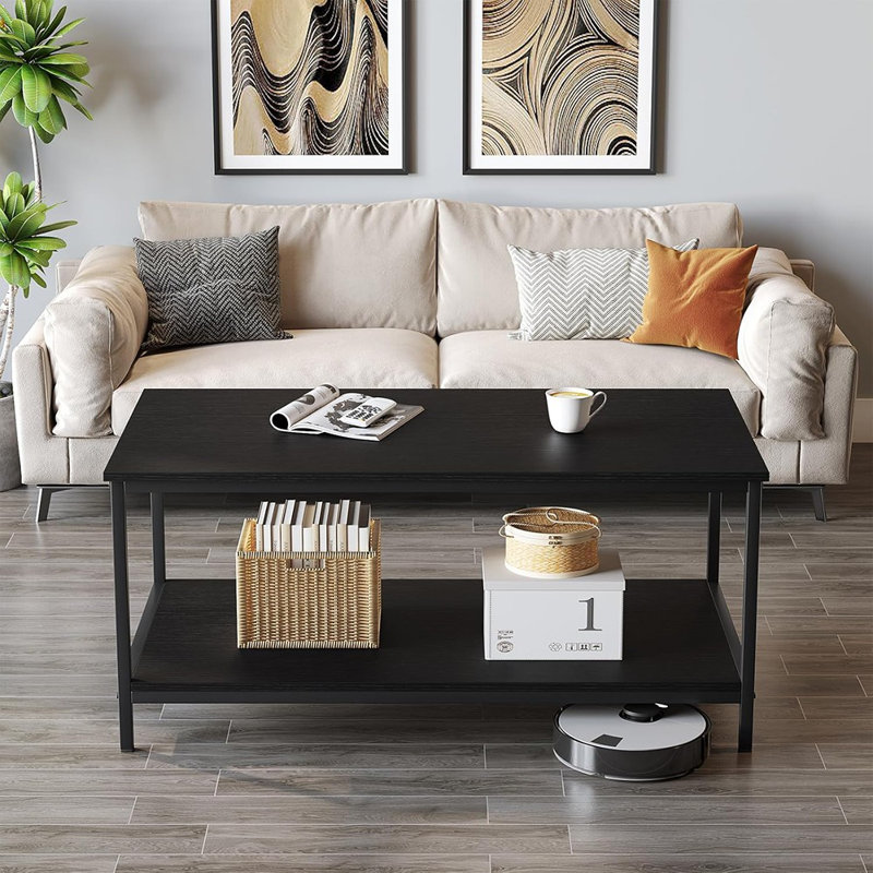  Table basse noire pour salon Tables basses rectangulaires modernes à 2 niveaux avec rangement Centre industriel en bois pour petits ou grands espaces