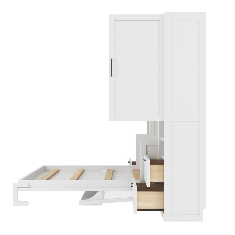 Lit escamotable double pleine grandeur avec placard, tiroirs et tablettes, Blanc