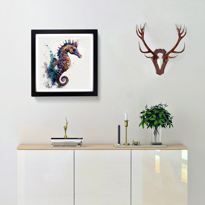 Seahorse Gestural - Single Picture Frame Print on Wood, Black