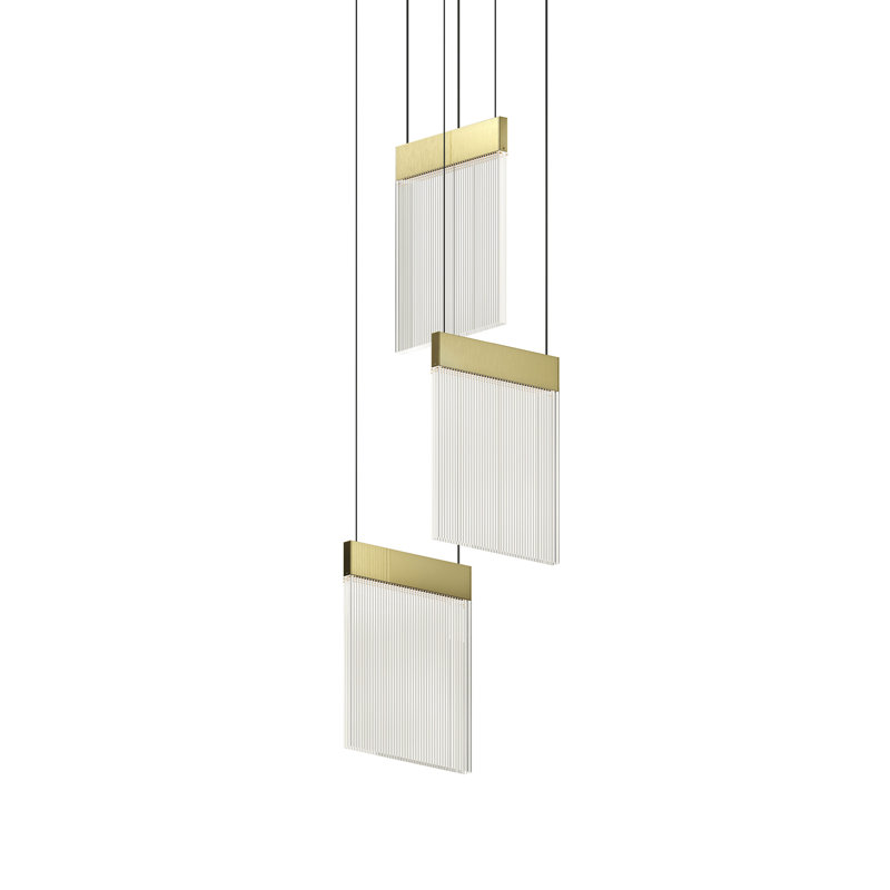 V Panels 3 - Light LED Unique/Statement Pendant, Brass