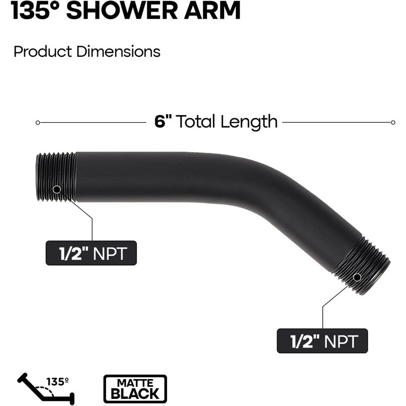 Shower Arm 6 Inch Stainless Steel Wall Mounted Shower Arm with 1/2 Inch Threaded IPS, Matte Black