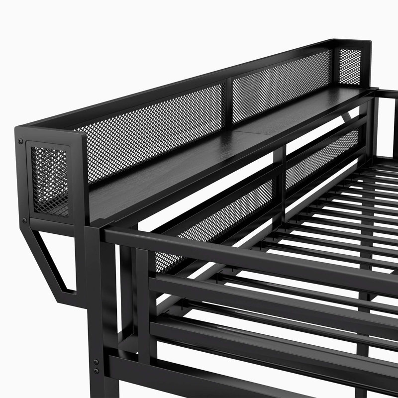Lit mezzanine en métal avec escalier, tablettes de rangement et garde-robe attachée, pratique pour tous les âges, Black