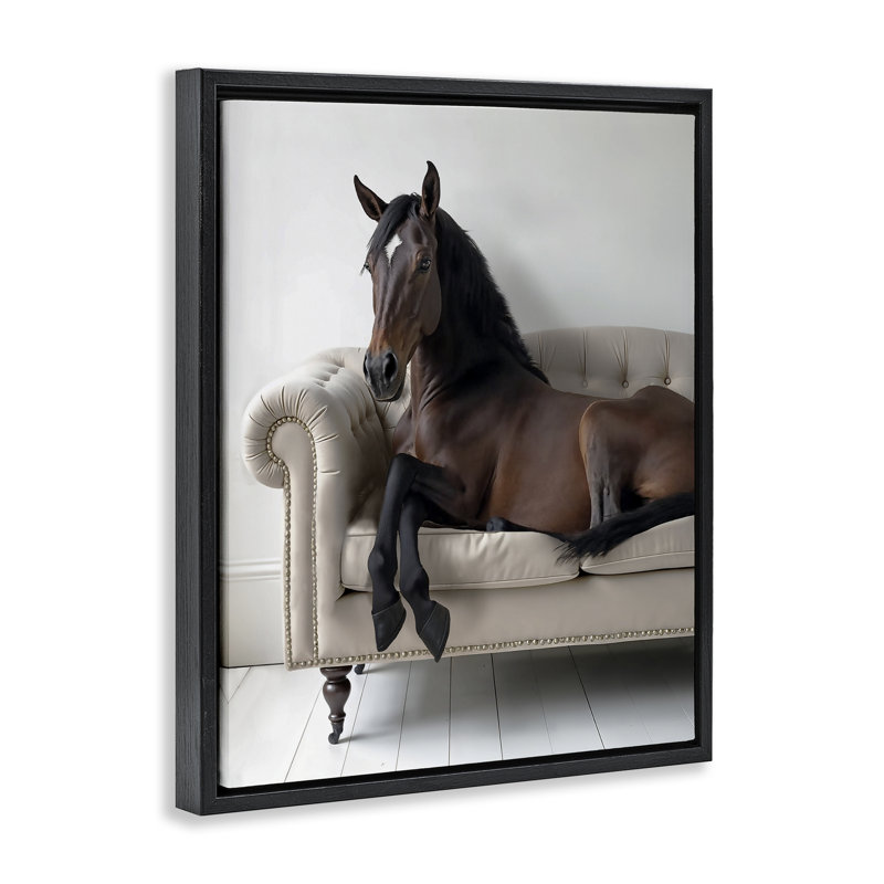 Horse Lounging on Sofa  Framed Floater Canvas Wall Art, design by Lettered and Lined, Jet Black Floater Frame, 21" H x 17" W