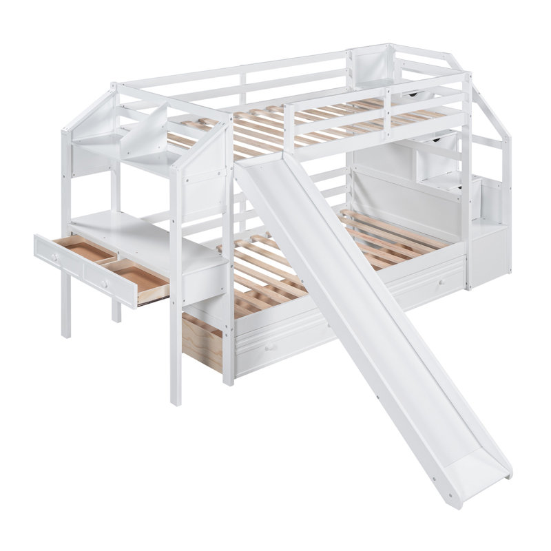 Lit superposé simple au-dessus de simple avec escalier de rangement, glissière et tiroirs, bureau avec tiroirs et tablettes, blanc