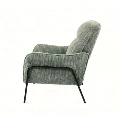 Fauteuil d'appoint en tissu rayé, fauteuil rembourré avec accoudoirs et structure en métal noir, fauteuil lounge confortable et rembourré, fauteuil de lecture pour salon, chambre ou bureau, fauteuil de détente texturé vert