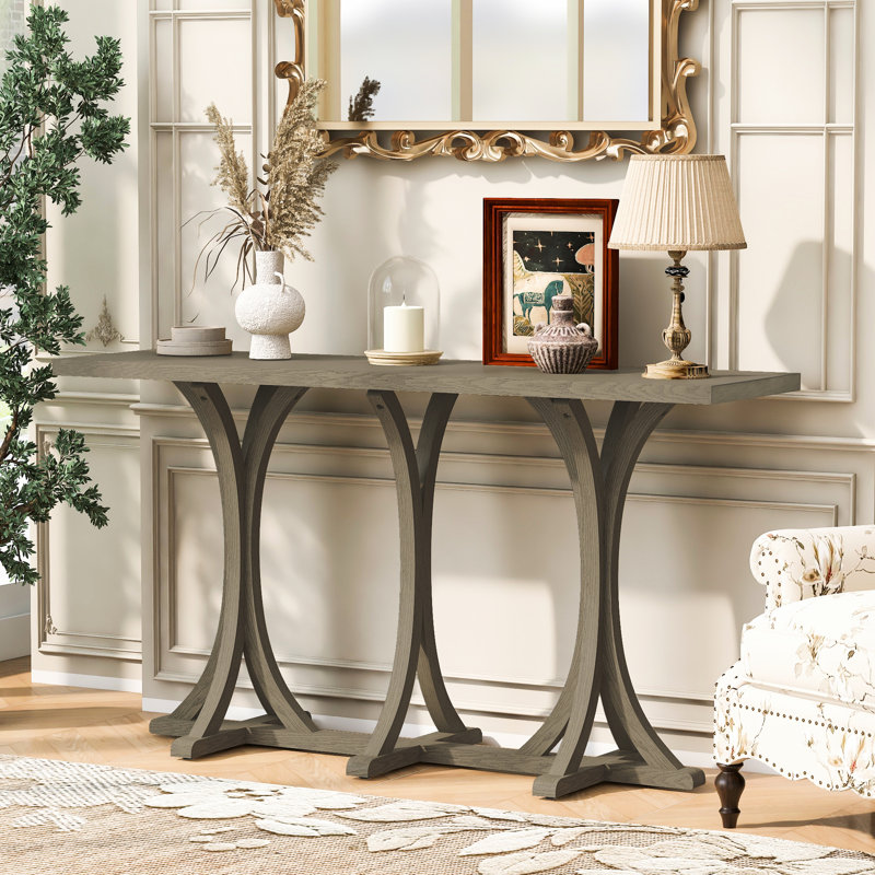 Table d'entrée de 59,8 po avec design en U, finition en placage de chêne, pieds en bois d'hévéa, surface lisse pour la surface de présentation décorative, couloir courbé mince