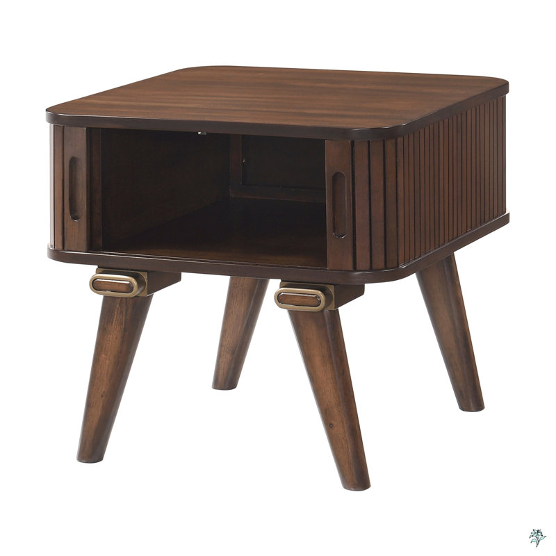 Table de rangement avec tablettes en teck et finition noyer