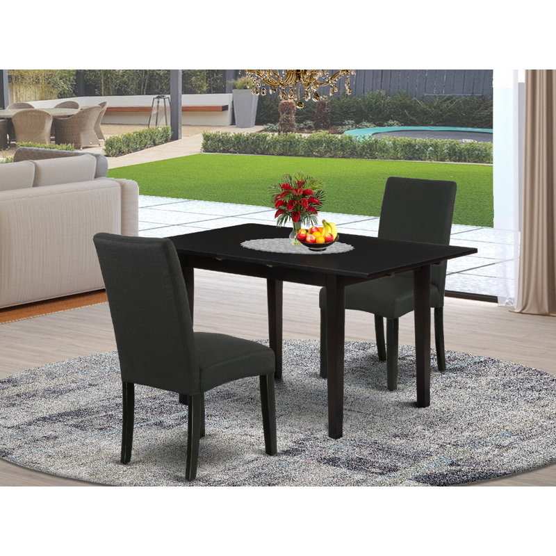 L'ensemble de table de salle à manger moderne 3 pièces comprend une table rectangulaire en bois avec feuille papillon et 2 chaises Parson en tissu de couleur noire, 32 x 54 pouces, noir
