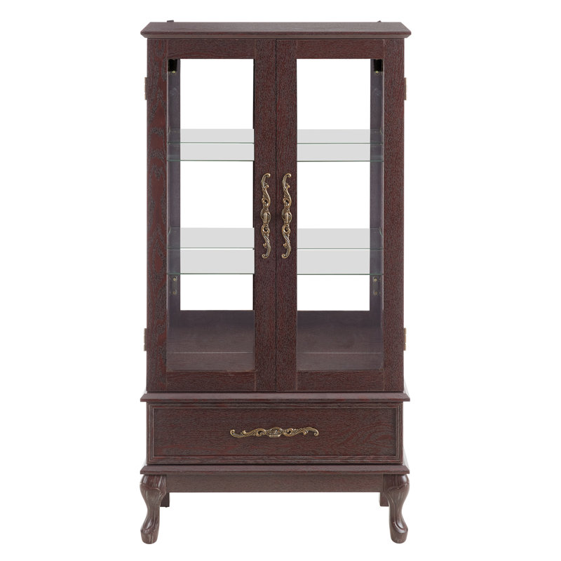 Curio Display Cabinet - Dark Cherry, Adjustable Shelf Alternatives, 2 Doors, 1 Drawer, Vintage Metal Regulation Cherry Cabinet, Shelves, Illuminated Showroom