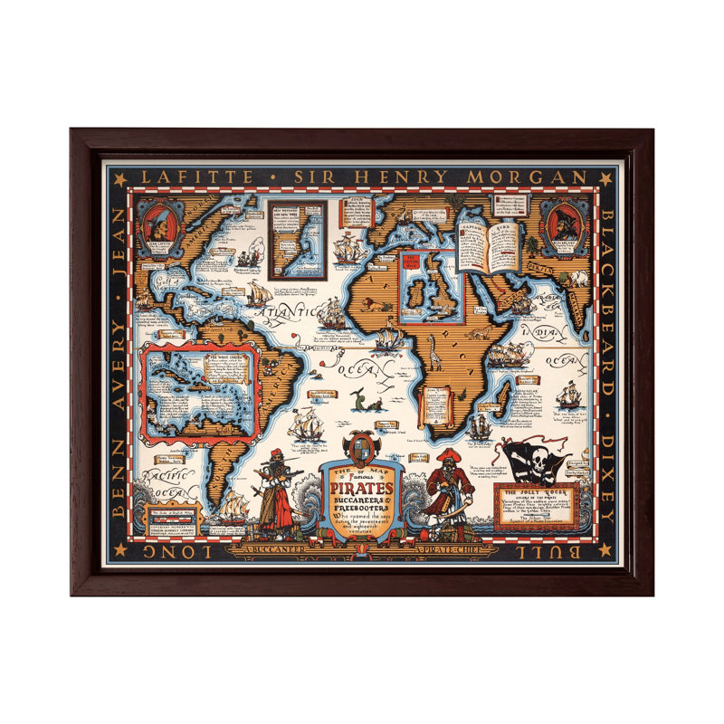 The Map of Famous Pirates, Buccaneers & Freebooters Poster, Canevas, H 12 po x l 16 po, Encadrement brun