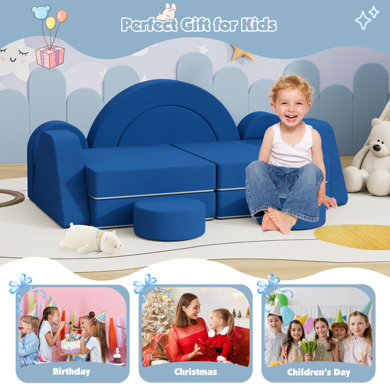 Velvet Modular Kids Play Couch, Kids Toddler Couch, Sectional Sofa, Blue