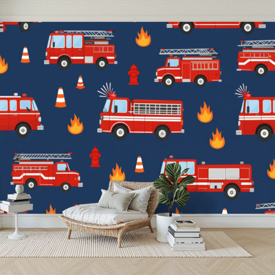 Peel and Stick Wallpaper 96" L x 69" W Modern Self Adhesive Wall Mural for Bedroom - With Hand drawn fire trucks seamless dark blue Print
