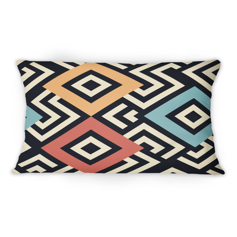 Coussin géométrique à motif géométrique en forme de méandres, bleu, rouge et orange