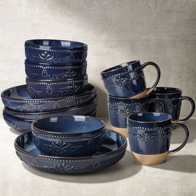  12-Piece Dinnerware Set for 4, Distinct Kiln Reactive Glaze, Food-Grade Chip Resistant Tableware, Microwave Safe, Dishwasher & Freezer Safe, Wedding Registry & Holiday Gift, Damask(Blue))