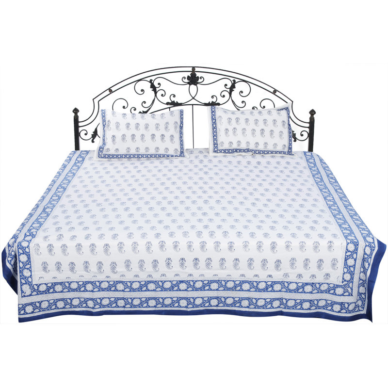 Snow White Cotton Sanganeri Bedspread | Hand-Block Printed Paisley Floral Summer Quilt | Traditional Jaipuri Coverlet