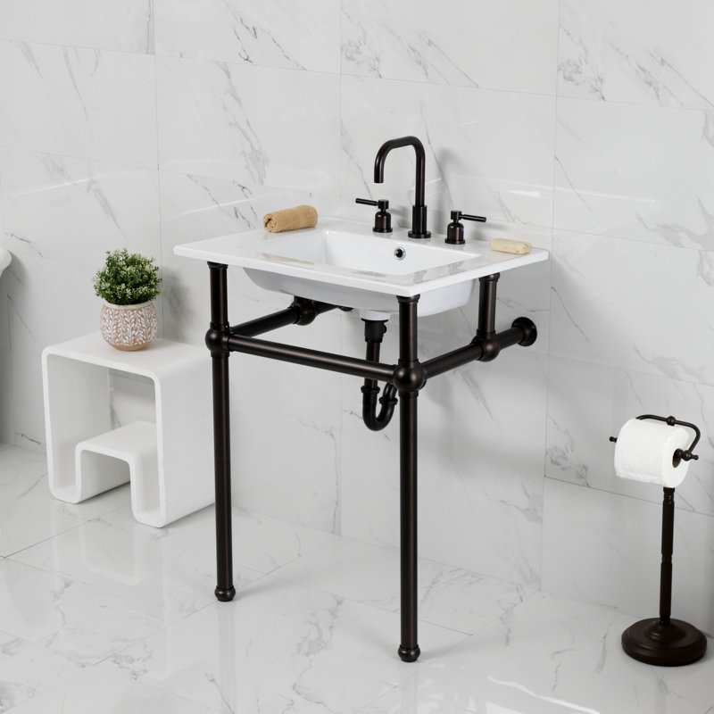 Kingston Brass Templeton 25-Inch Ceramic Console Sink with Brass Legs (8-Inch, 3-Hole), White/Oil Rubbed Bronze