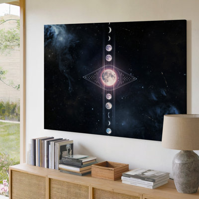 Toile, une illustration céleste capture un alignement vertical de lunes dans un art mural, diverses étapes avec une pleine lune rayonnante