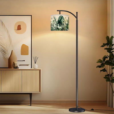 Arc Floor Lamp with Adjustable Lampshade Vintage Tropical Leafy Botanical Monstera Deliciosa Ensete Ventricosum Standing Lamp 3 Color Temperatures Dimmable Tall Pole Lamp with Foot Switch for Bedroom