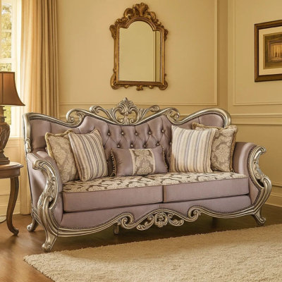 Canapé Aboi, 5 coussins décoratifs, velours mauve, détails sculptés, 95 pouces