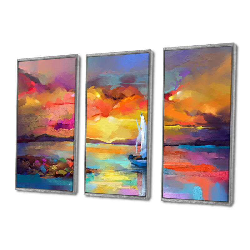 Peinture au coucher du soleil avec des reflets colorés II - ensemble de 3 reproductions sur toile, H 32 po x l 48 po