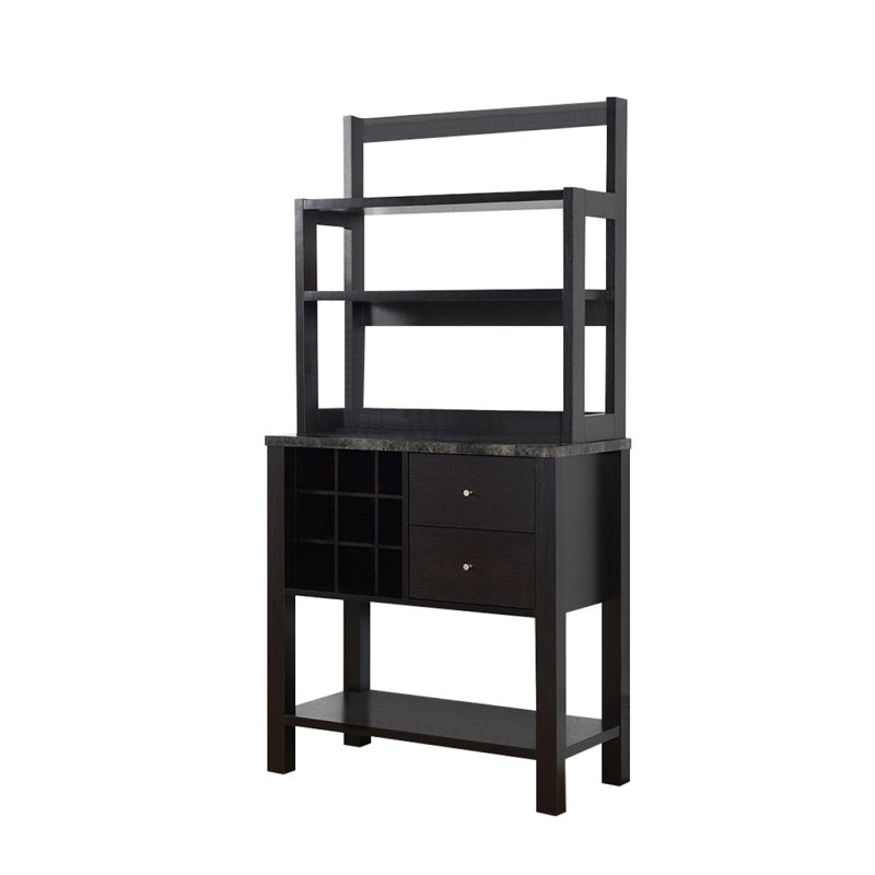Armoire de boulanger moderne en marbre / bois avec trois tablettes, un compartiment à vin et deux tiroirs