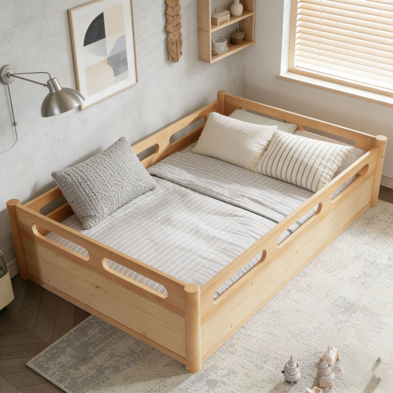 Floor Platform Bed with Full-length Guardrails, Naturel, Lit double