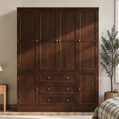 Armoire en bois massif de 200 cm de hauteur, 6 portes, 3 tiroirs et tringle à vêtements, couleur noyer