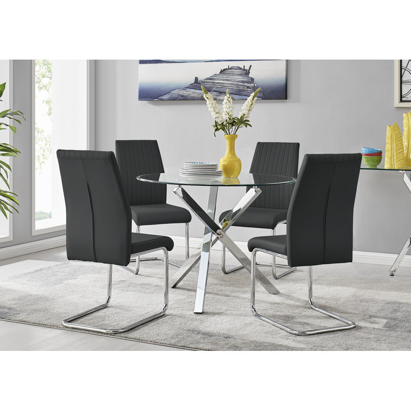 Seline Modern Round Dining Table Set in Glass and Chrome with 4 Upholstered Faux Leather Chairs, Black