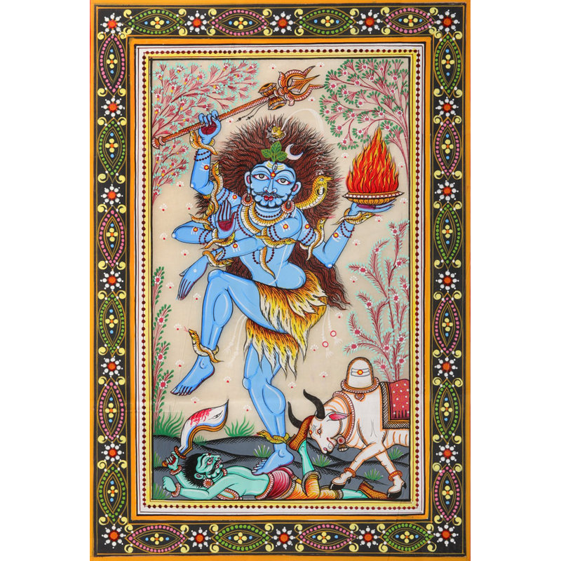 Nataraja à peau bleue et Nandi vaincre Apasmara | Aquarelle sur soie de tussar