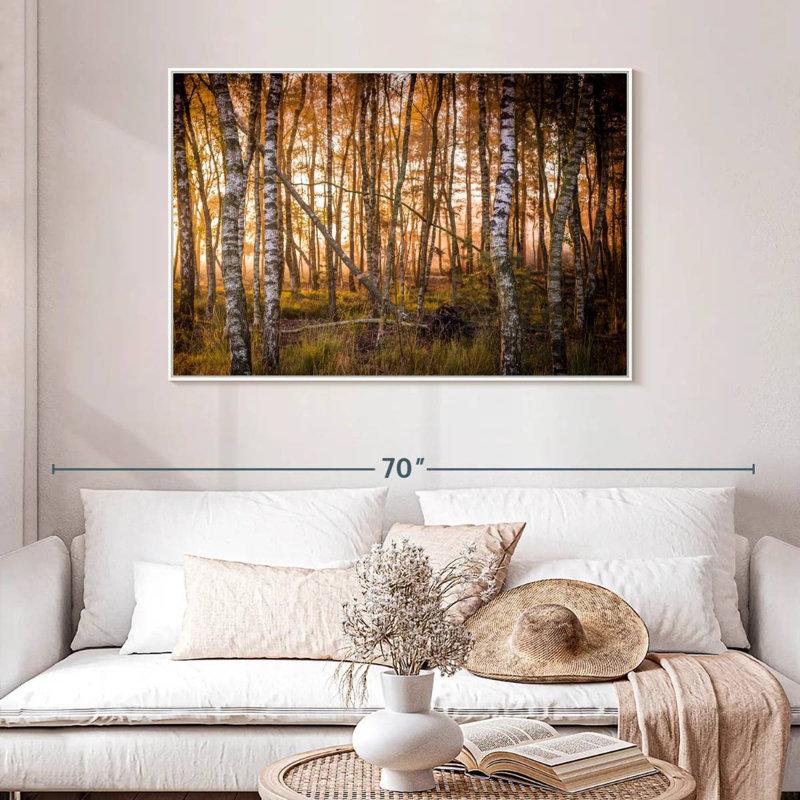 Forêt de bouleaux sombre, Cadre flottant blanc, 46 po x 31 po