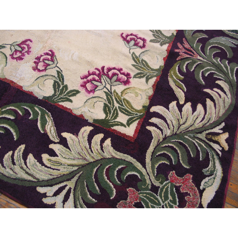 Antique Cream Color Field European Floral Pattern American Hooked Rug