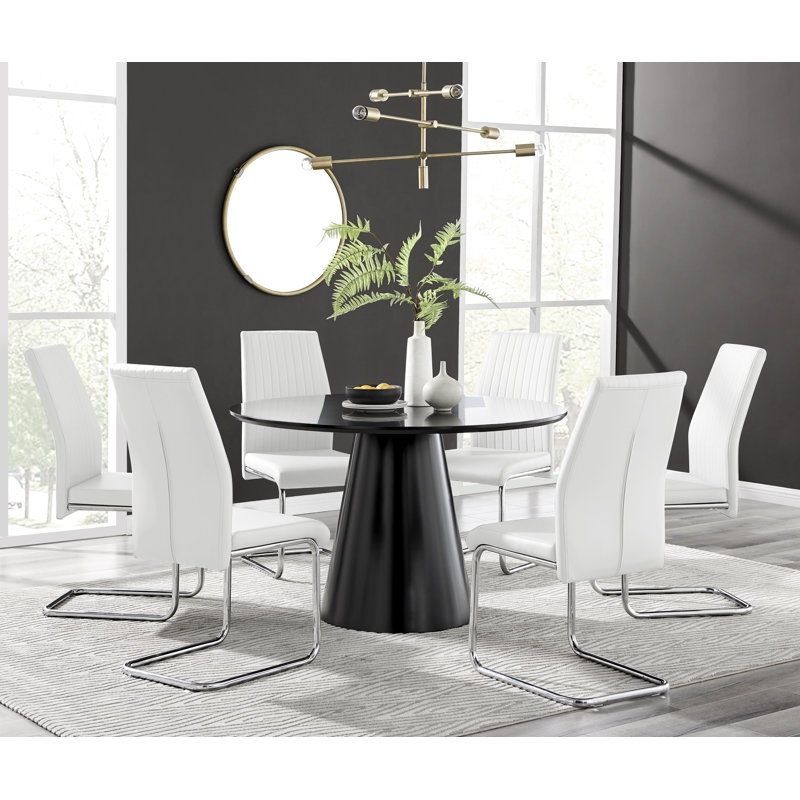 Edward Statement Pedestal Dining Table Set with 6 Luxury Faux Leather Upholstered Dining Chairs, White, White