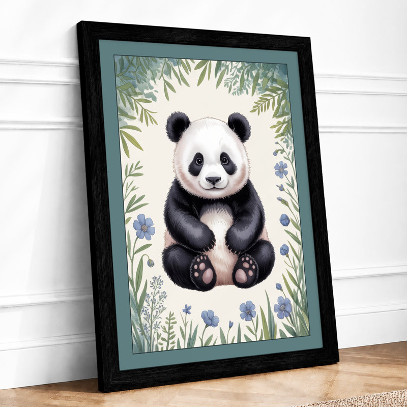 Young Panda Among Flowers Botanical - Print, Black, A3 - 42.0 x 29.7 cm