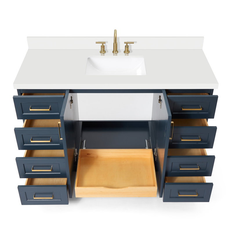 Ensemble de meuble-lavabo simple 55 po en bois massif bleu minuit avec plateau en quartz blanc pur 1,5 po Freitas
