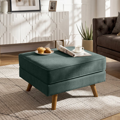 Repose-pieds rembourré de style Mid-Century de 29,7 po de large Havens, repose-pieds en similicuir avec pieds en bois massif, tabouret de table basse pour le salon, la chambre à coucher et le vestibule